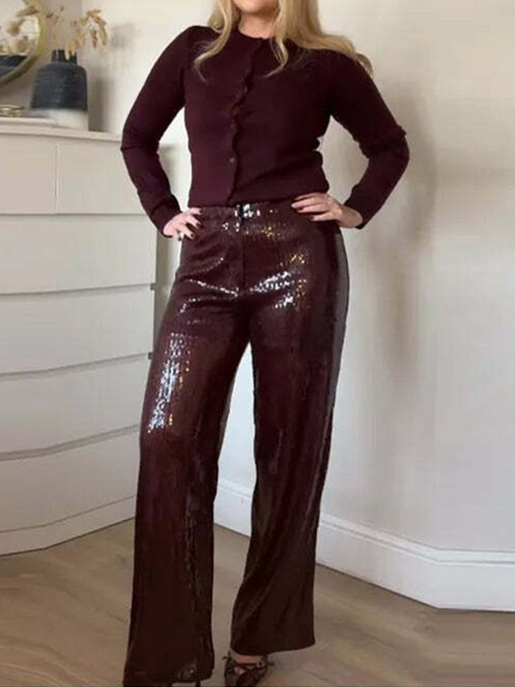 Temperamento de color sólido, pantalones de piernas anchas de lentejuelas, 2025 primavera y otoño, nuevos pantalones de mujer, moda suelta, estilo europeo y americano transfronterizo.