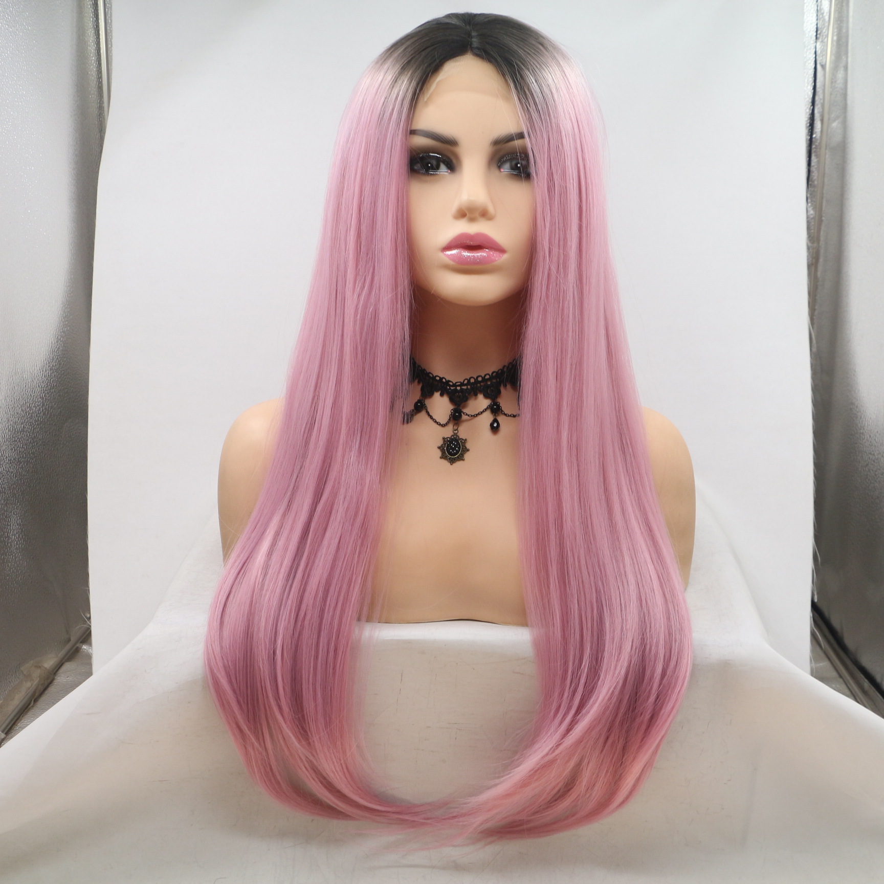Pelucas de fibra química de encaje transfronterizo de cabello largo y recto Lace Front Wigs
