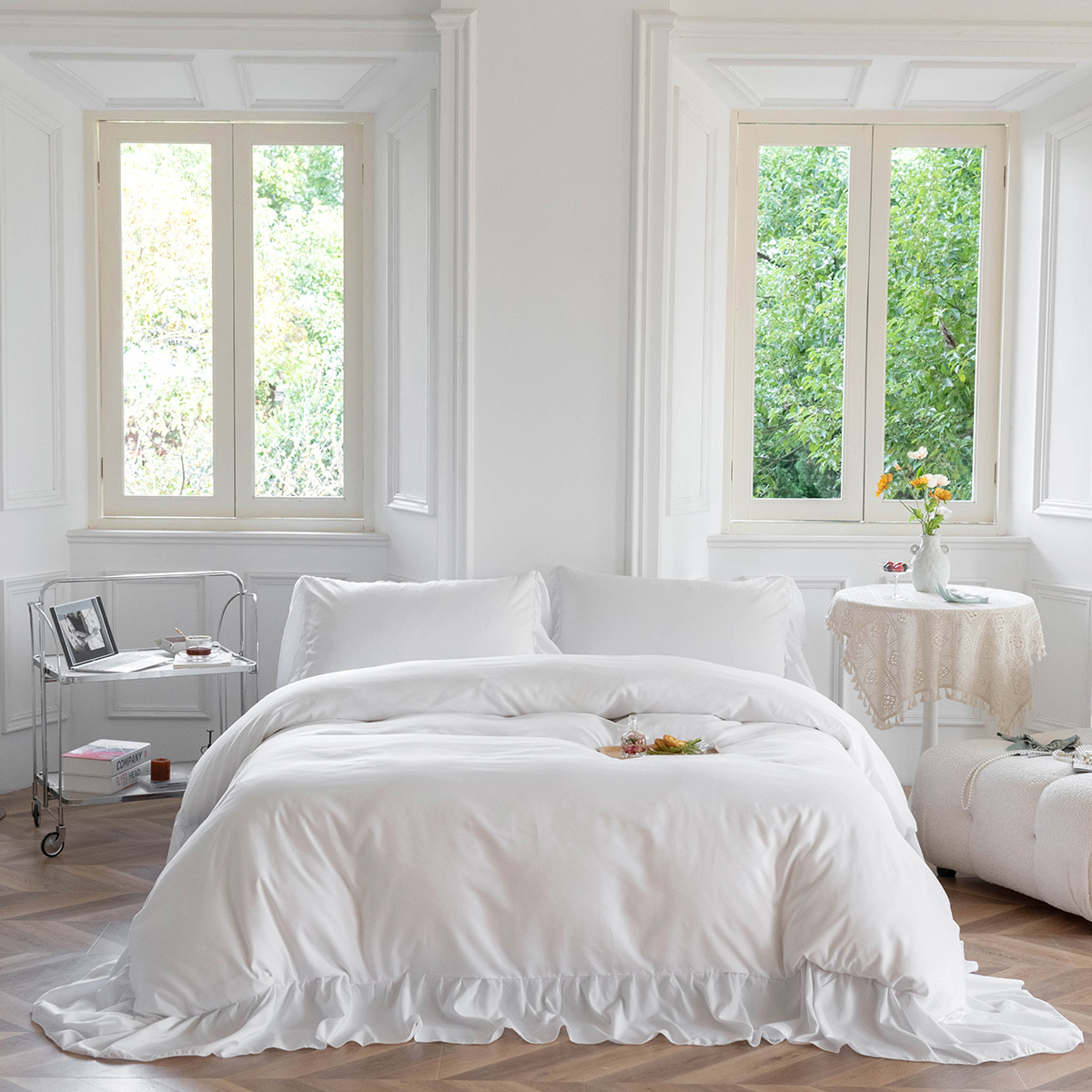 跨境新品亚马逊床上用品工艺款套件磨毛加宽荷叶边被套套件