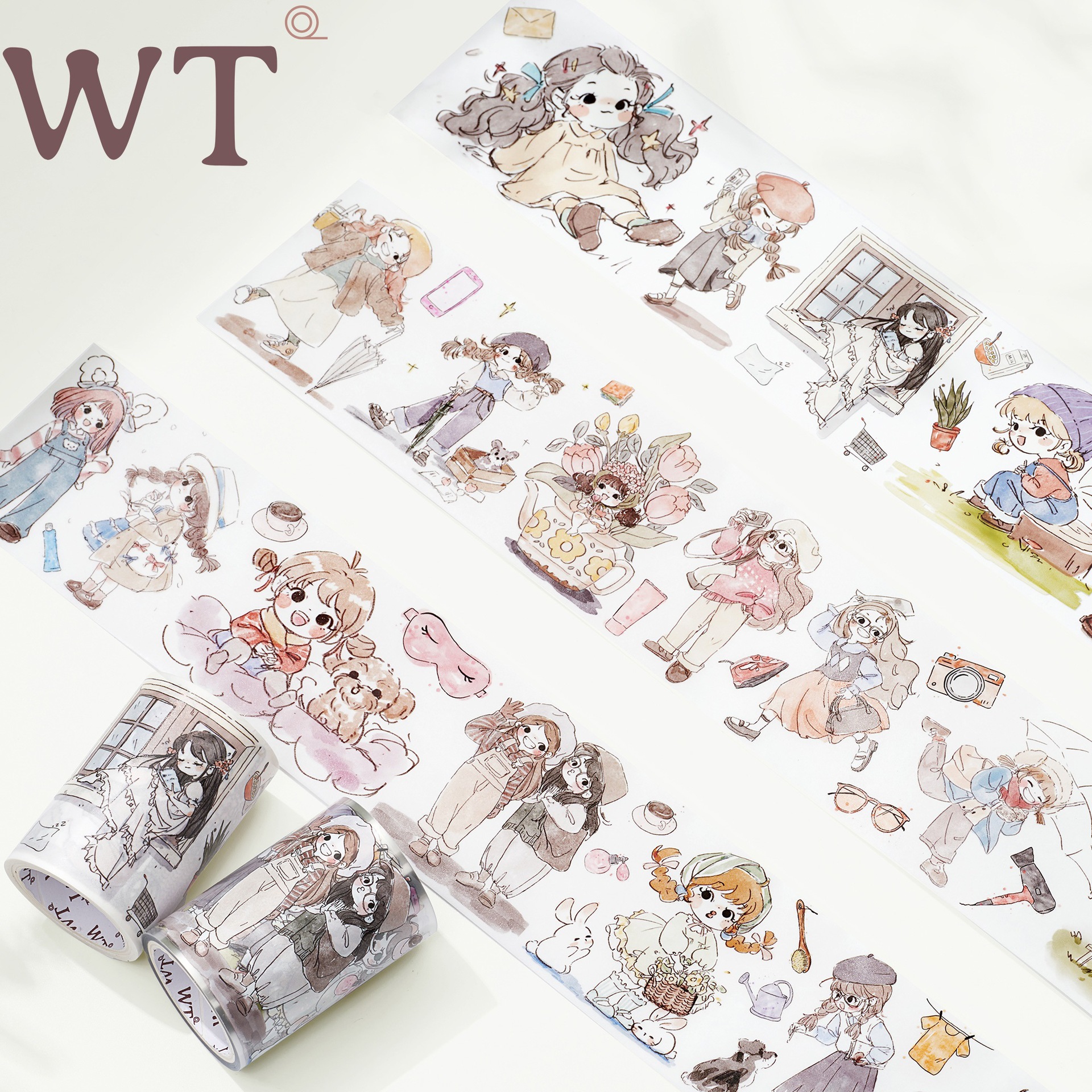 品牌原创胶带 简以时光 特油和纸可爱女孩PET白墨模切人物胶带