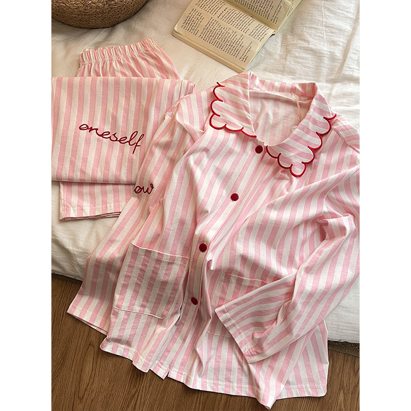 少女甜美条纹长袖睡衣春秋款女2025新款大码休闲家居服长裤两件套|undefined