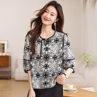 Chiffon Printed Women's Shirt 2025 Summer Loose Slimming Look Lightweight Breathable Shirt Round Neck Mid-Sleeve T-Shirt Top
