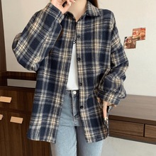 磨毛加厚中长款格子衬衫女毛呢长袖秋冬时尚宽松复古港味上衣外套