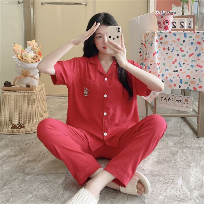 Pijamas transfronterizos al por mayor para mujer nube algodón otoño verano rebeca solapa pantalones de manga corta traje de servicio a domicilio simple y cómodo