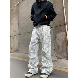 美式复古水洗多口袋雪地迷彩工装裤男宽松baggy阔腿百搭休闲长裤