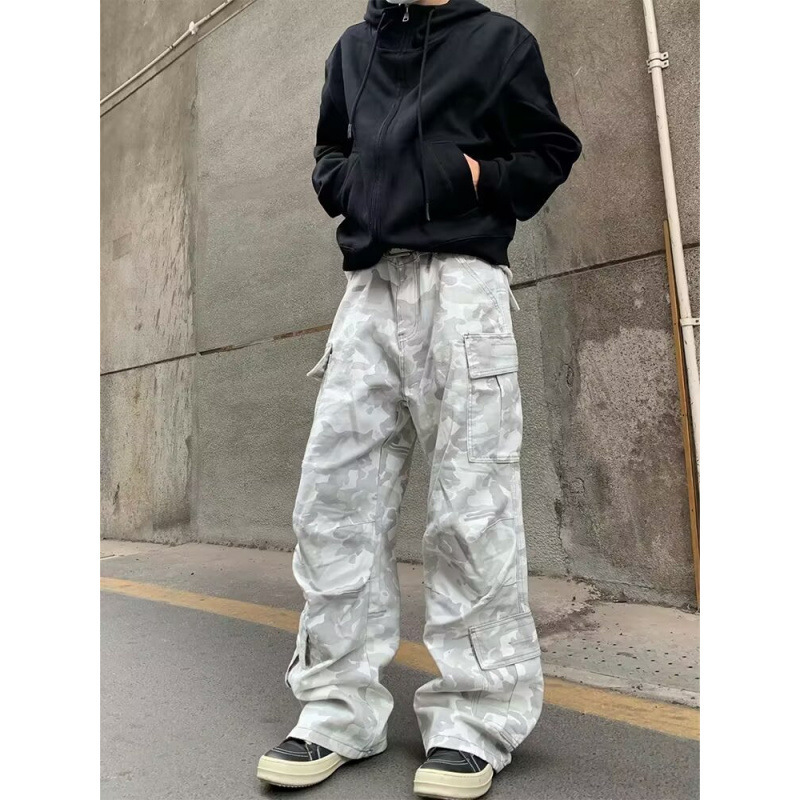 American Retro Washed Multi-Pocket Snow Camouflage Cargo Pants for Men, Loose Baggy Wide-Leg Versatile Casual Trousers