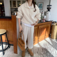 韩国chic冬日新款韩系慵懒风加厚羊羔毛卫衣外套+长裤时尚套装女