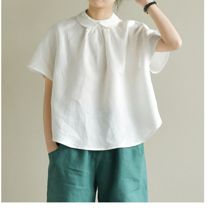 Short-sleeved Doll Shirt 2023 Summer New Solid Color Artistic Casual Simple Linen Loose Short-sleeved Shirt Top for Women
