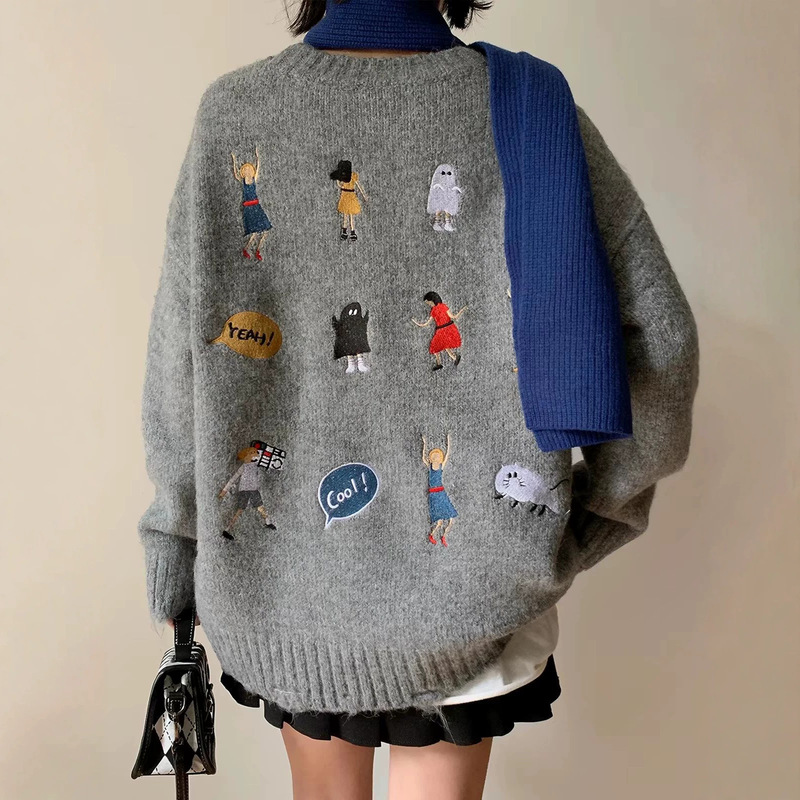 American-style oversized fun cartoon embroidered foreign trade casual knit sweater for women, 2026 autumn and winter new loose-fitting sweater top American-style oversized fun cartoon embroidered foreign trade casual knit sweater for women, 2026 autumn and winter new loose-fitting sweater top