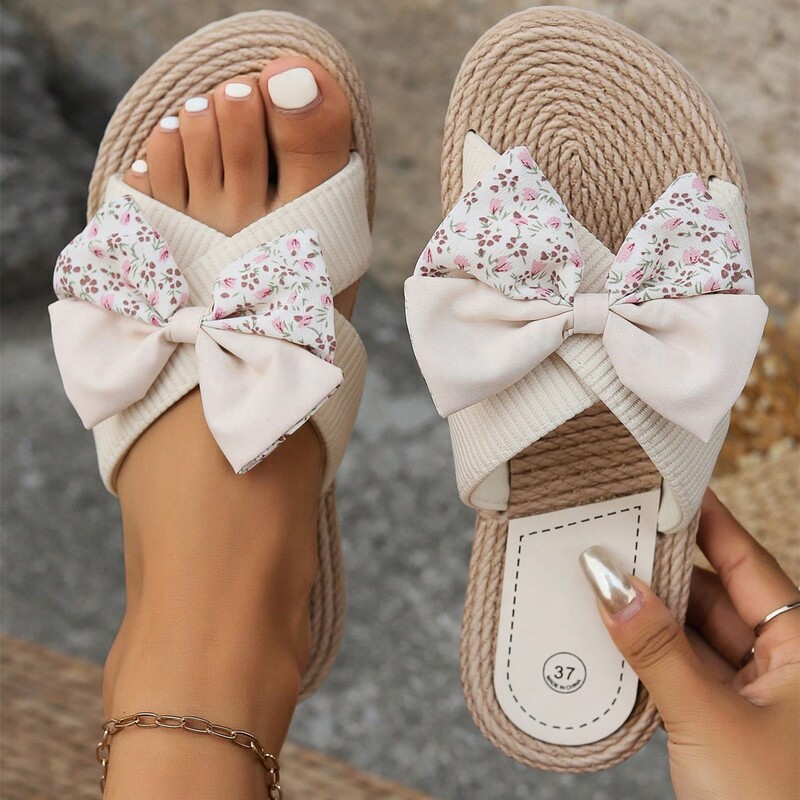 New summer rice flower women's slippers hemp rope bottom solid color fashion trend indoor outdoor beige flower bow slippers