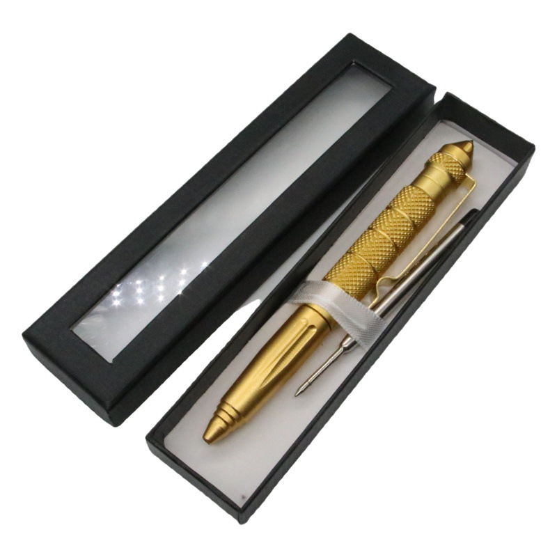 Pluma de autodefensa pluma de escape pluma de autodefensa bolígrafo pluma de metal logotipo láser en caja + 1 recarga de acero