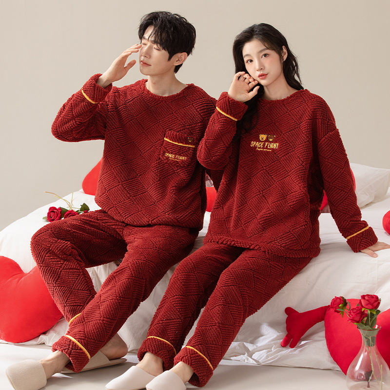 Pijamas de pareja roja engrosada coral polar Otoño e Invierno de las mujeres año de nacimiento boda festivo hombres de franela homewear