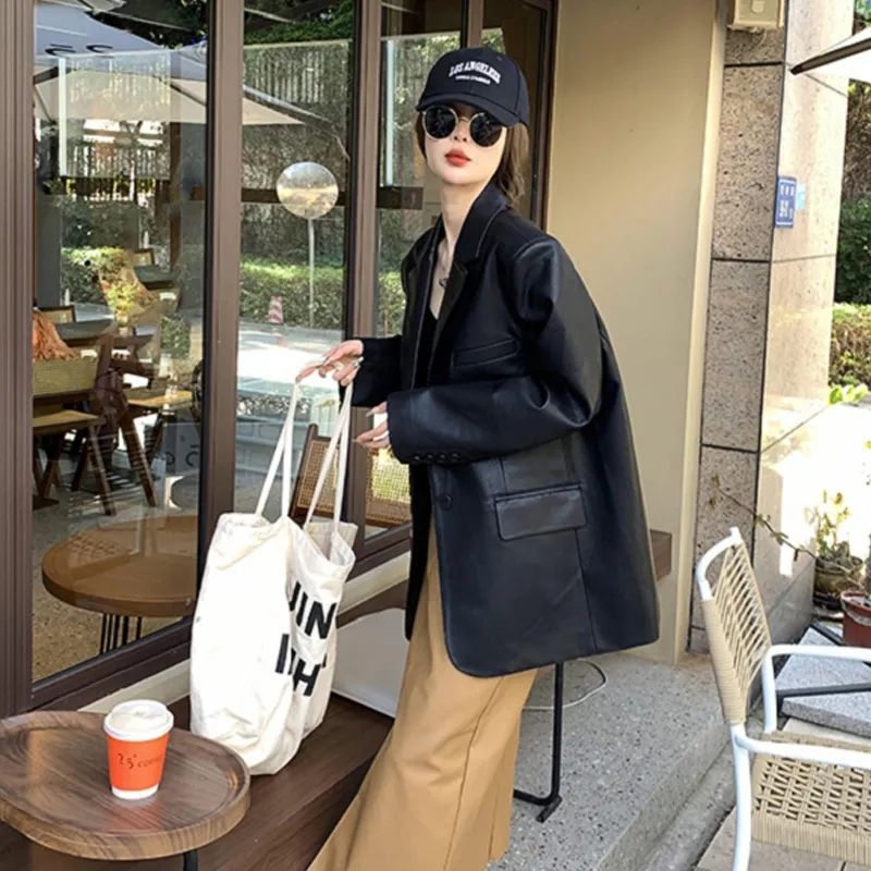Mid-Length Black Leather Suit Jacket for Women Loose 2025 Spring & Fall New Style Pu Leather High-End Street Suit for Women