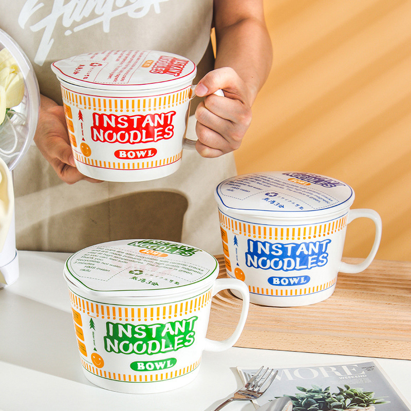 Japanese-style creative instant noodle bowl ceramic with lid student dormitory with large-capacity handle instant noodle cup high-value Rice Bowl