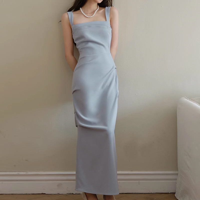 In Stock: Venus Acetate/100% Polyester Textured Slim-Fit Slit Long Slip Dress, Summer 2026