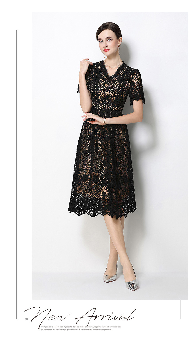 Đầm maxi nữ cổ V ren thắt eo tay ngắn họa tiết rỗng — màu đen, Rượu vang đỏ, màu hồng đậm, màu trắng chi tiết 31