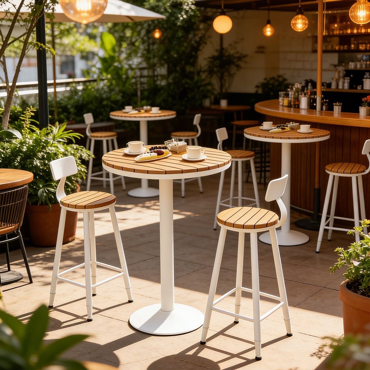 Courtyard outdoor high-top table and chair set, white round bar table and chairs, plastic wood with backrest, high chairs, balcony leisure set