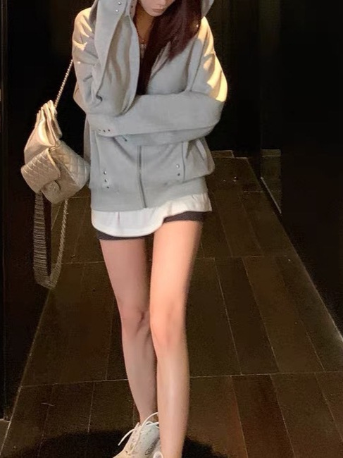 SUNONEON 设计感铆钉宽松连帽卫衣外套女早秋季新美式开衫衣|undefined