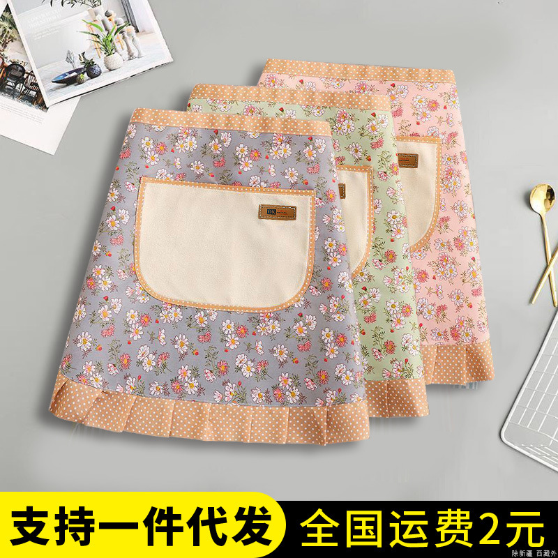 Pastoral, transpirable, pequeña lona fresca, medio cuerpo, cintura antiincrustante y resistente al desgaste, delantal de cocina, ropa de trabajo de media sección para el hogar