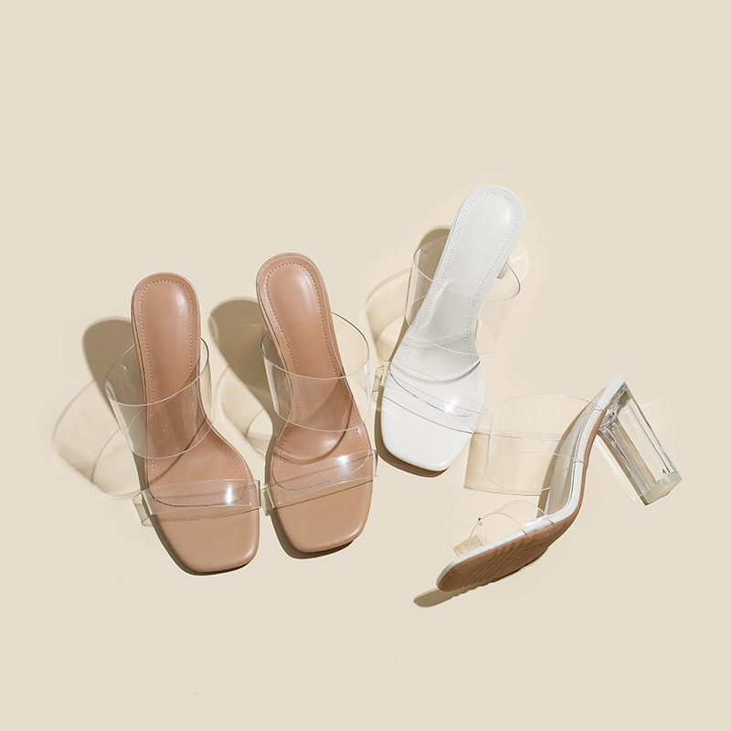 Genuine Leather High-Heeled Slippers for Women New Summer Korean Style Crystal Heel Medium Heel Thick Heel Transparent Sandals Dropshipping Genuine Leather High-Heeled Slippers for Women New Summer Korean Style Crystal Heel Medium Heel Thick Heel Transparent Sandals Dropshipping