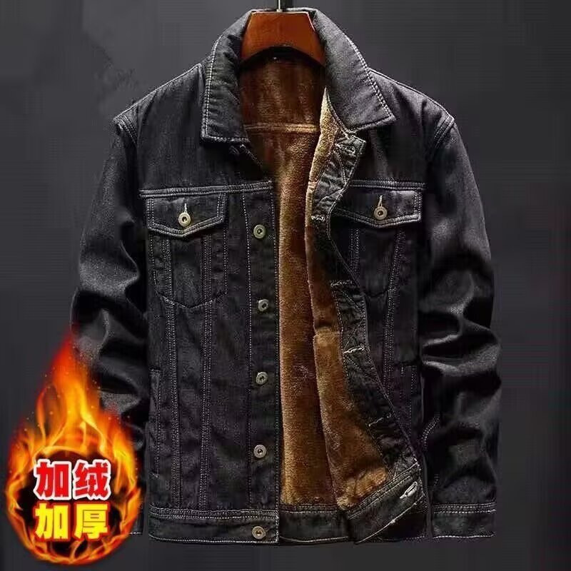 2025 Autumn and Winter Men's Black Denim Jacket Plus Velvet Thickened Jacket Men's Youth Korean Style Large Size Warm Top