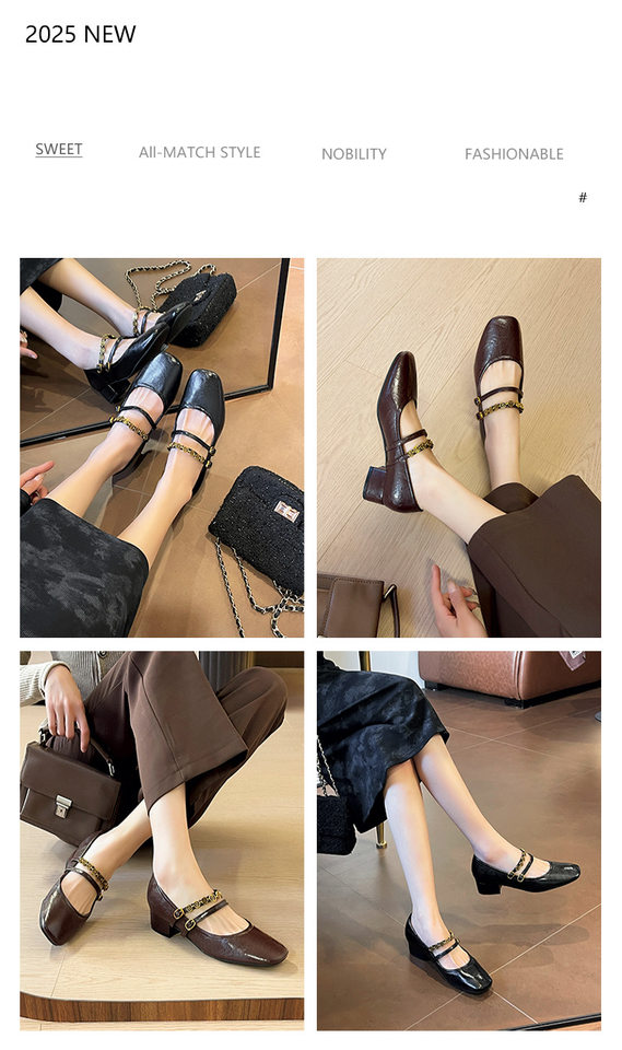 Giày Mary Jane nữ quai đôi mũi vuông gót vừa 3–6 cm, bề mặt mềm, kiểu Pháp — rượu vang đỏ, đen chi tiết 2