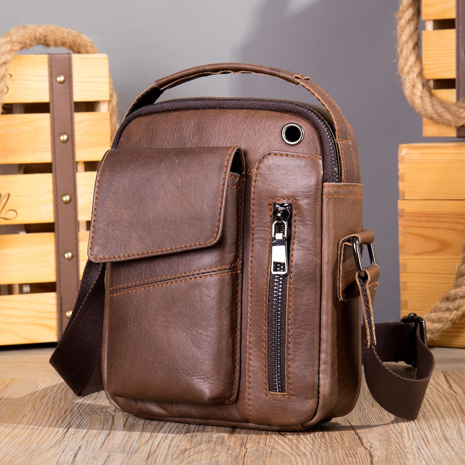Heren crossbodytas van hoogwaardig rundleer, echt lederen, luxe modieuze zakelijke schoudertas, kleine groothandelstas_voghion.com