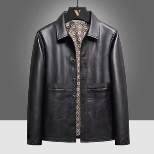 Haining Leather Men's Autumn and Winter Middle-aged Dad Mid-length Casual Men's Lapel fleece-lined Leather Jacket Coat