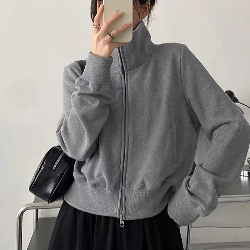 2025春新款休閒百搭實穿派正肩立領拉鏈衛衣女美式修身短版外套
