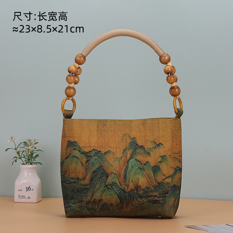 千里江山図手作り布 DIY 材料バッグハンドバッグ竹ハンドルリップ型口ゴールドバッグ未完成品|undefined