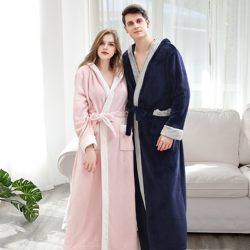 Autumn and Winter Flannel Nightgown Hooded Bathrobe Coral Velvet Men's Thickened and Long Couple Bathrobe Women's Wholesale