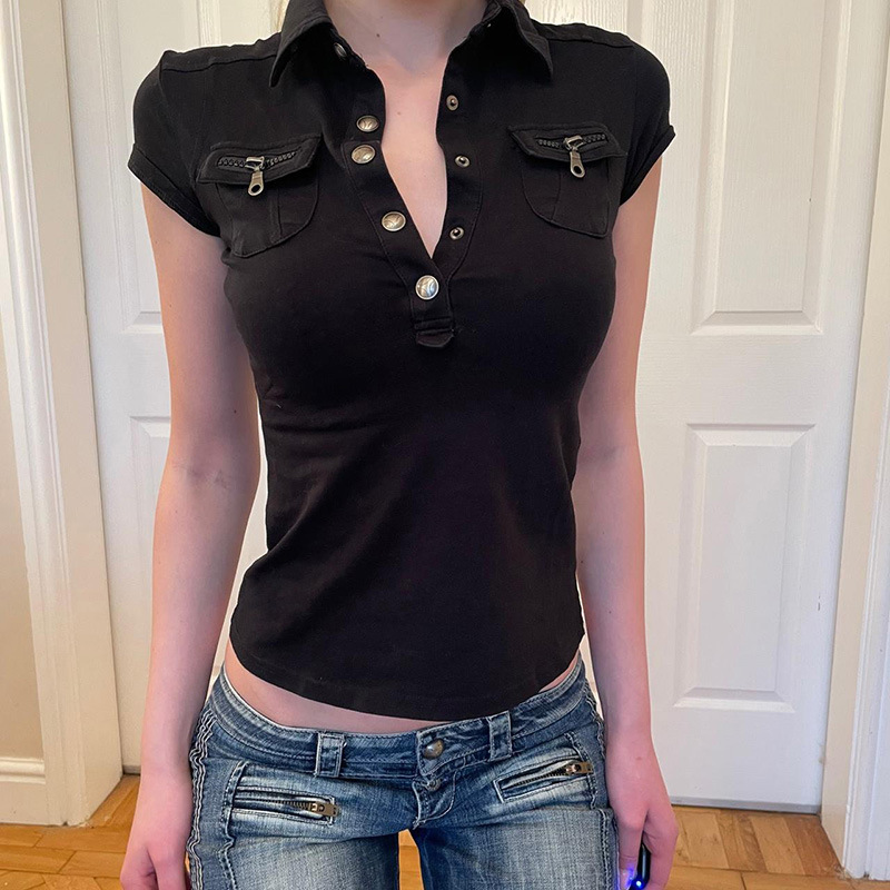 Cool Spice Girl Style Buckle Polo Collar Pocket Zipper Tooling Top Commuter Daily All-match Simple Elegant T-shirt Cool Spice Girl Style Buckle Polo Collar Pocket Zipper Tooling Top Commuter Daily All-match Simple Elegant T-shirt