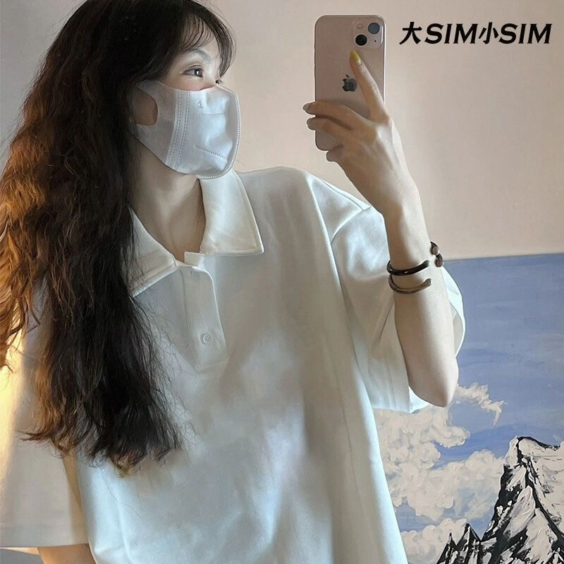 White Short-Sleeve T-Shirt for Women, 2026 New Trendy Style, Popular on Instagram, Stylish Polo Collar, Loose Fit, Student Top White Short-Sleeve T-Shirt for Women, 2026 New Trendy Style, Popular on Instagram, Stylish Polo Collar, Loose Fit, Student Top