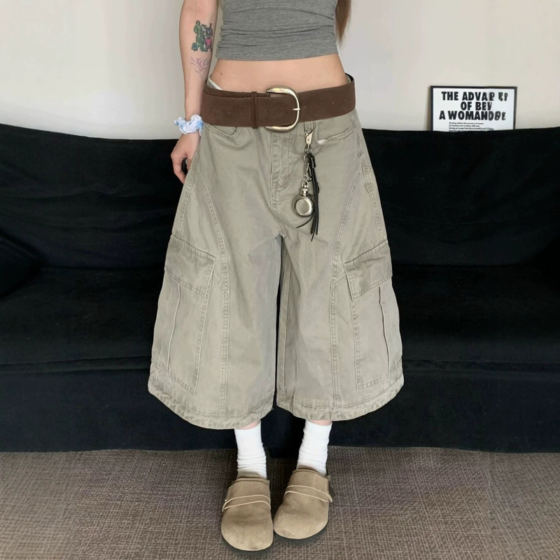 American retro style large pocket workwear cropped jeans for women, summer slimming loose wide-leg denim cropped pants for girls American retro style large pocket workwear cropped jeans for women, summer slimming loose wide-leg denim cropped pants for girls
