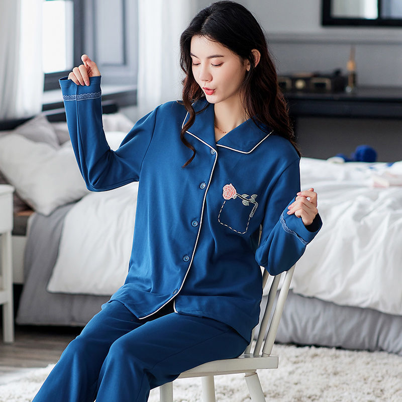 Pijamas de manga larga las mujeres traje Algodón puro color sólido bordado chica más tamaño espesado desgaste casero para