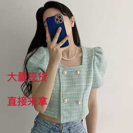 法式气质短款上衣女薄款2026年夏季新款小众设计感开衫泡泡袖外套