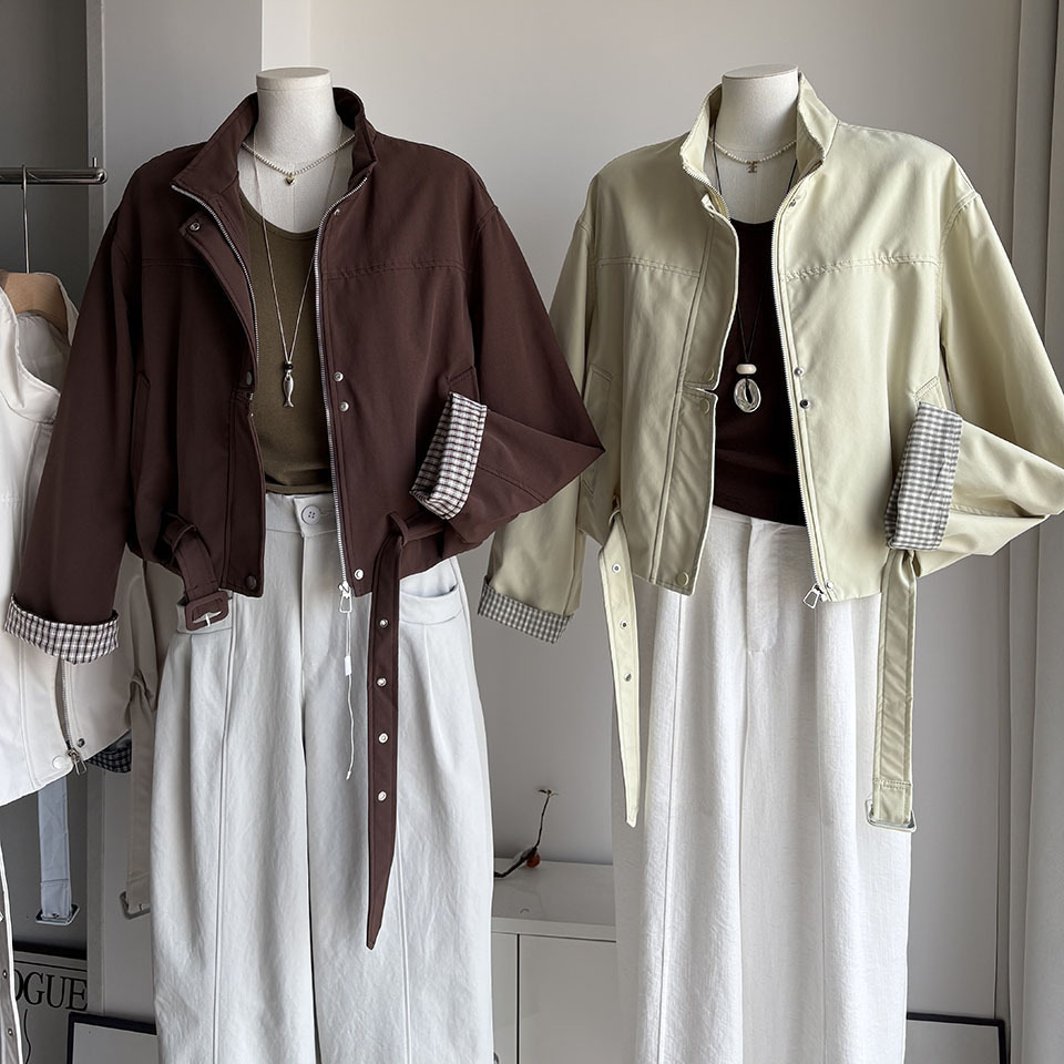 [Bizheng] 2026 Autumn/Winter New Korean Style Stand Collar Plaid Patchwork Loose Jacket for Petite Women 7361