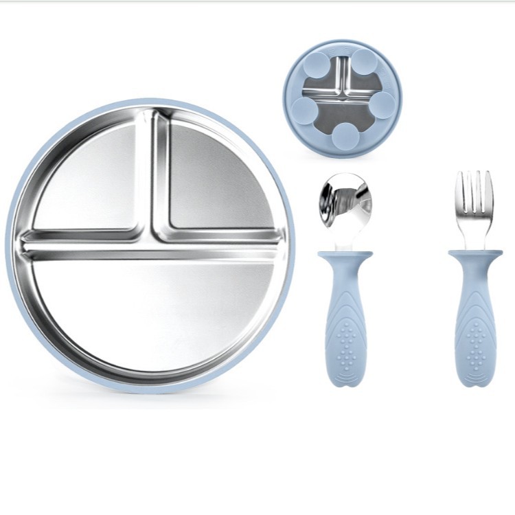 그레이 및 블루 3개 - 실리콘 스테인리스 스틸 디너 플레이트 + 스테인리스 스틸 포크와 스푼