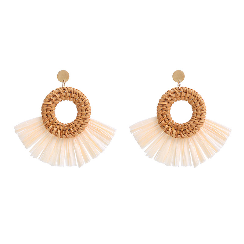 Round, Sector Pattern Women's Gender 1 Pair Retro Round Sector Raffia Rattan Drop Earrings