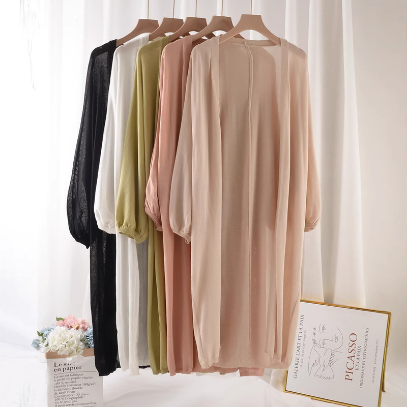 Knitted Cardigan Thin Women's Summer Mid-length Ice Silk Solid Color Shawl Western Style Sunscreen Gentle Wear Coat Knitted Cardigan Thin Women's Summer Mid-length Ice Silk Solid Color Shawl Western Style Sunscreen Gentle Wear Coat