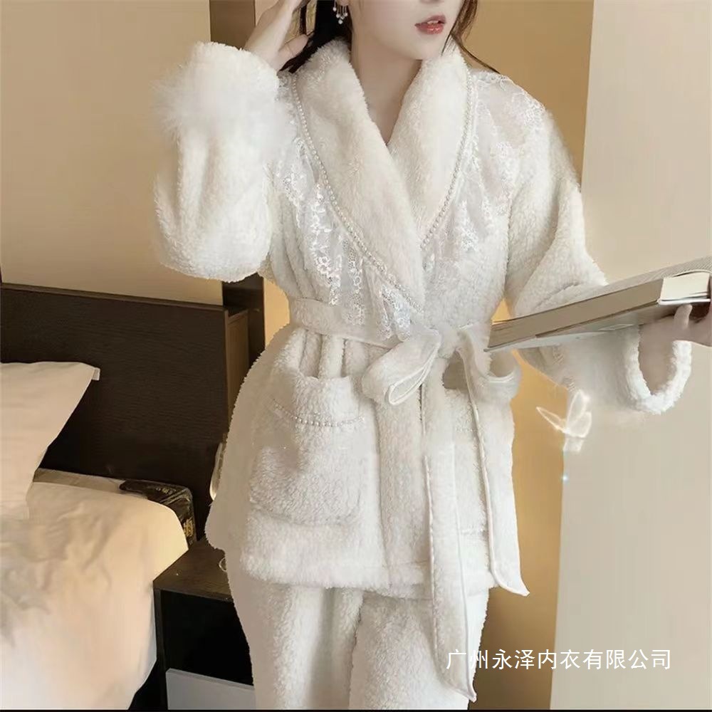 Winter Four Seasons Warm Pajamas Women's Long Sleeve Coral Fleece Four Seasons Warm V Neck Solid Color Homewear Suit Can Be Worn Out