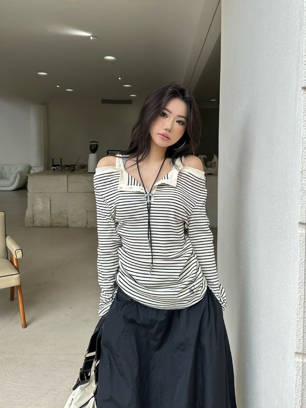 设计感美式基础款休闲吊带露肩横条纹修身长袖T恤衫显瘦女上衣ins|undefined