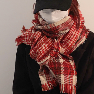 Red Plaid Scarf Women's Winter 2024 New Korean Style New Year Warm Couple Christmas Plaid