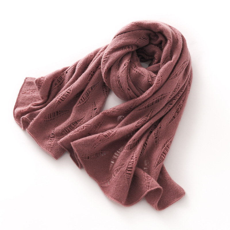 秋冬新款纯色山羊绒镂空针织中长披肩围巾女时尚百搭保暖围脖披肩