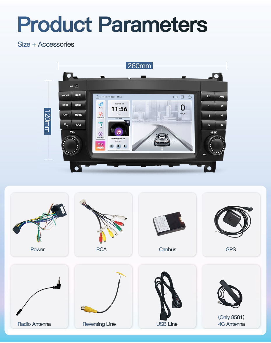 Suitable for Mercedes-Benz Clk C-Class W203 Car Central Control Large-Screen Navigation Reversing Image Radio Player