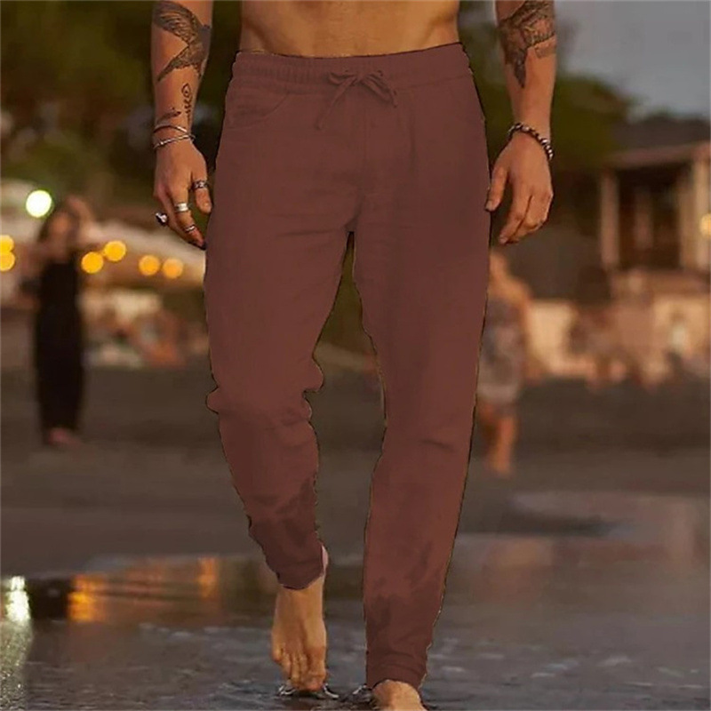 Nuovi pantaloni casual da spiaggia larghi in lino di cotone tinta unita con coulisse_voghion.com