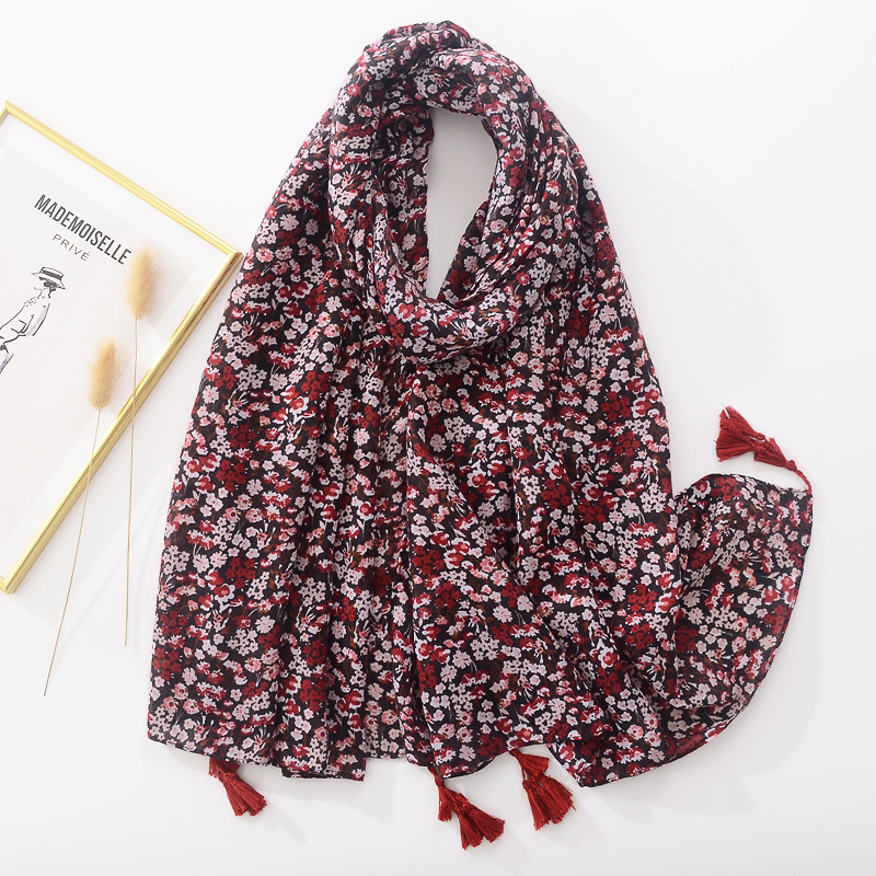 Estilo étnico retro europeo y americano rojo pequeño estampado floral bufanda de seda cáñamo largo de doble uso chal de algodón y lino sensación bufanda