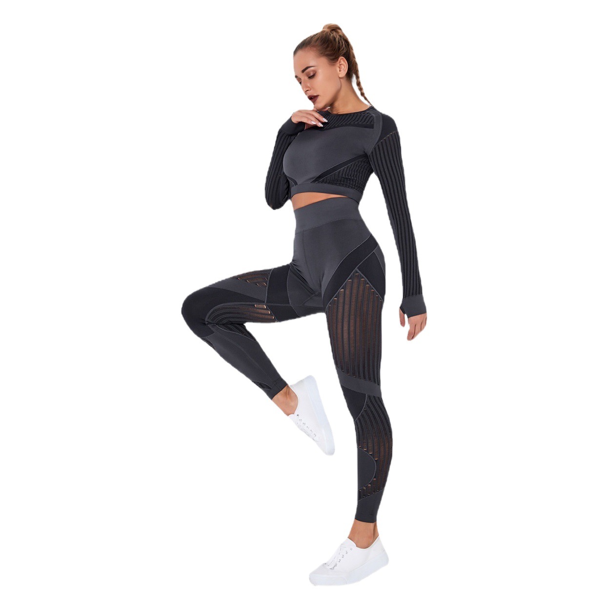 ¡En stock! Europeo y americano sin costuras hueco-fuera de absorción de humedad de yoga traje de manga larga ropa de yoga deportes fitness correr pantalones de yoga para mujeres