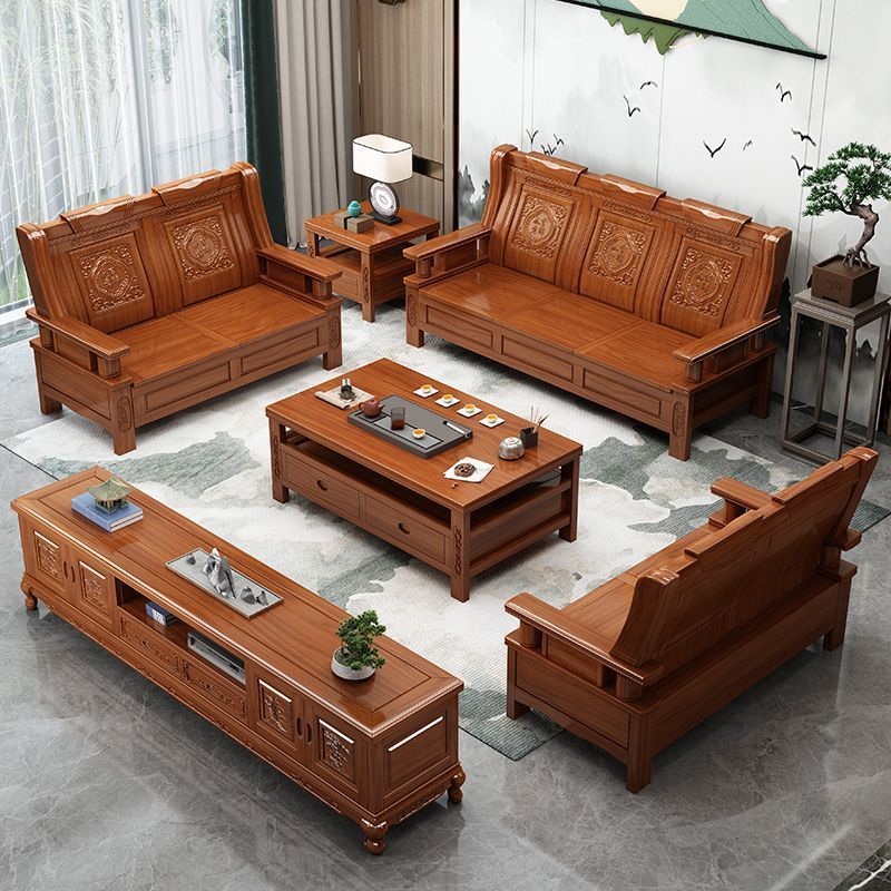 Solid Wood Sofa Antique Sofa Living Room Carved Solid Wood Sofa Living Room Furniture Three-Seat Sofa Combination Wholesale