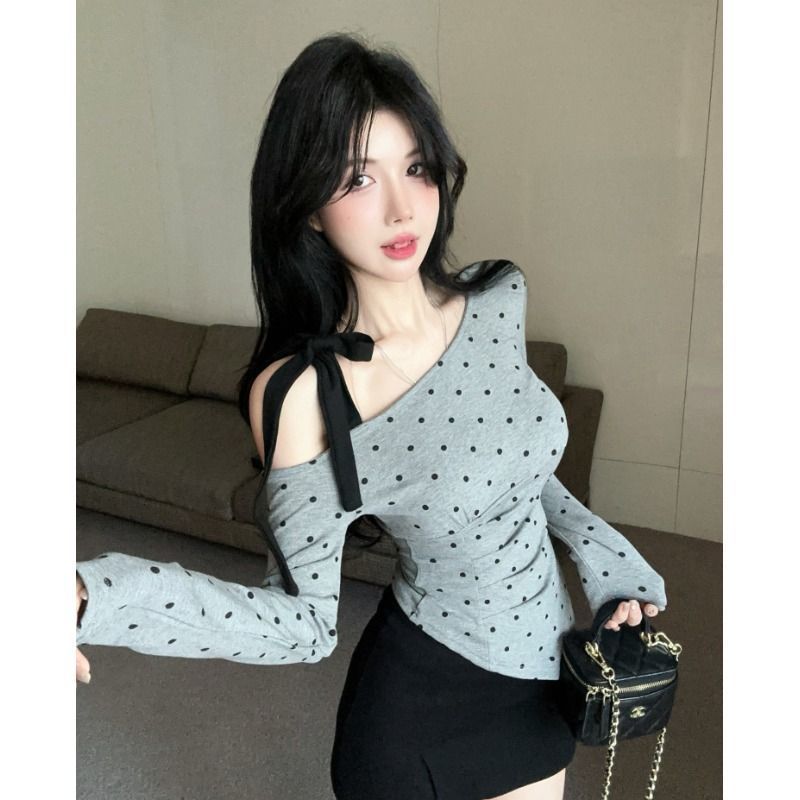 韩系穿搭纯欲减龄绑带蝴蝶结吊带上衣女设计感波点不规则长袖T恤|undefined